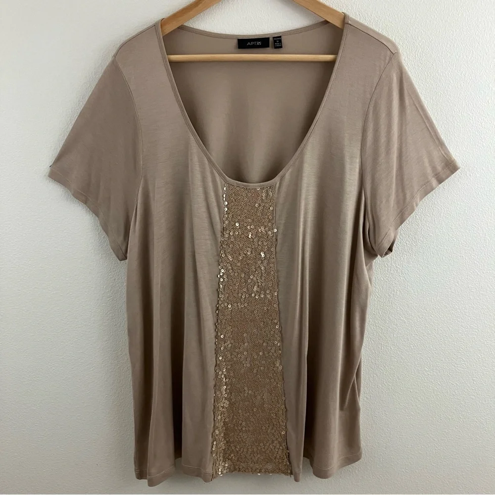 Apt. 9 | Gold Sequin Short Sleeve Tan T-Shirt